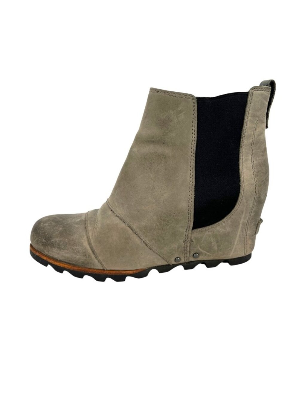 Sorel Lea Wedge Boots Size 8.5 Gray Leather Slip-On Ankle Booties Rugged Boho